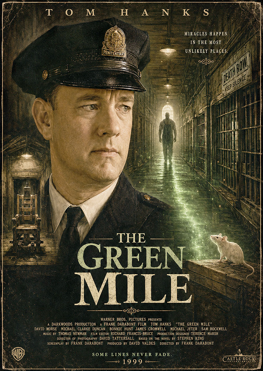 Cinematic artwork featuring Tom Hanks as a prison guard from The Green Mile with a small white mouse